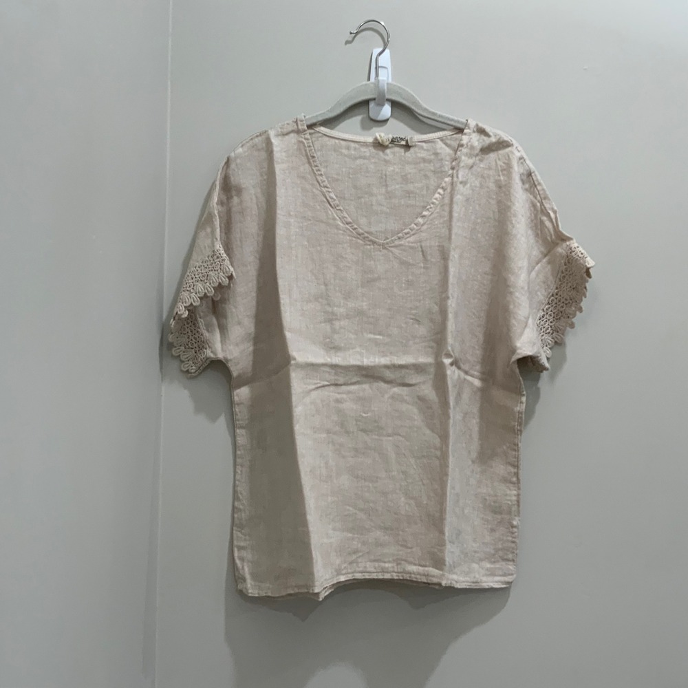 Spaziochic Italy Women Linen V-Neck Crochet Lace Trim Top Beige Large RN 165702